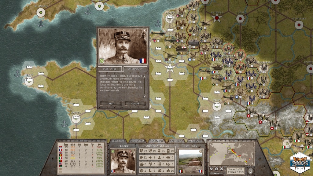 Best WW1 games: Commander: The Great War. Image shows a map, along with an image of a soldier's profile.