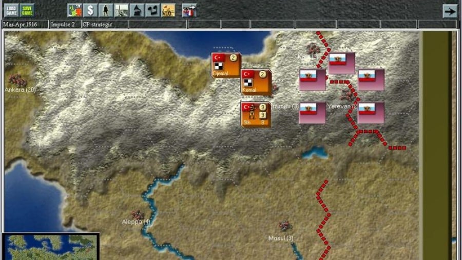 Best WW1 Strategy Games: Guns of August - image shows a map of a mountain range in the game.