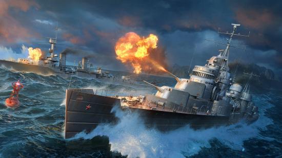 World of Warships mods a large battleship in the ocean fires its main cannon, causing a huge explosion