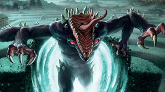 A monster with sharp teeth and protruding tongue from the Arkham Horror expansion jumping out of a portal