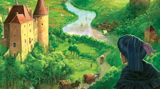 A picturesque view of medieval France from the cover of best historical board game Castles of Burgundy showing a castle, river and lush green fields