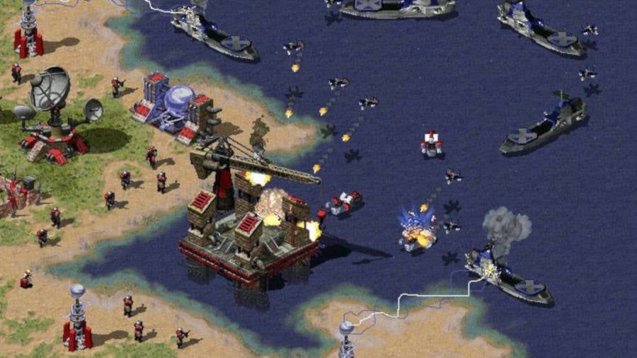 Best RTS games on PC - An oil rig surrounded by battleships and infantry in Command and Conquer: Red Alert 2