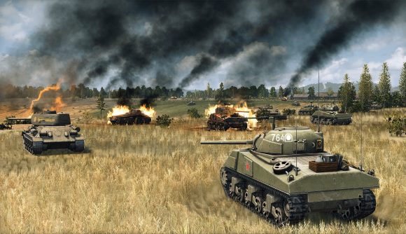 Smoking tanks in a field in Steel Division 2