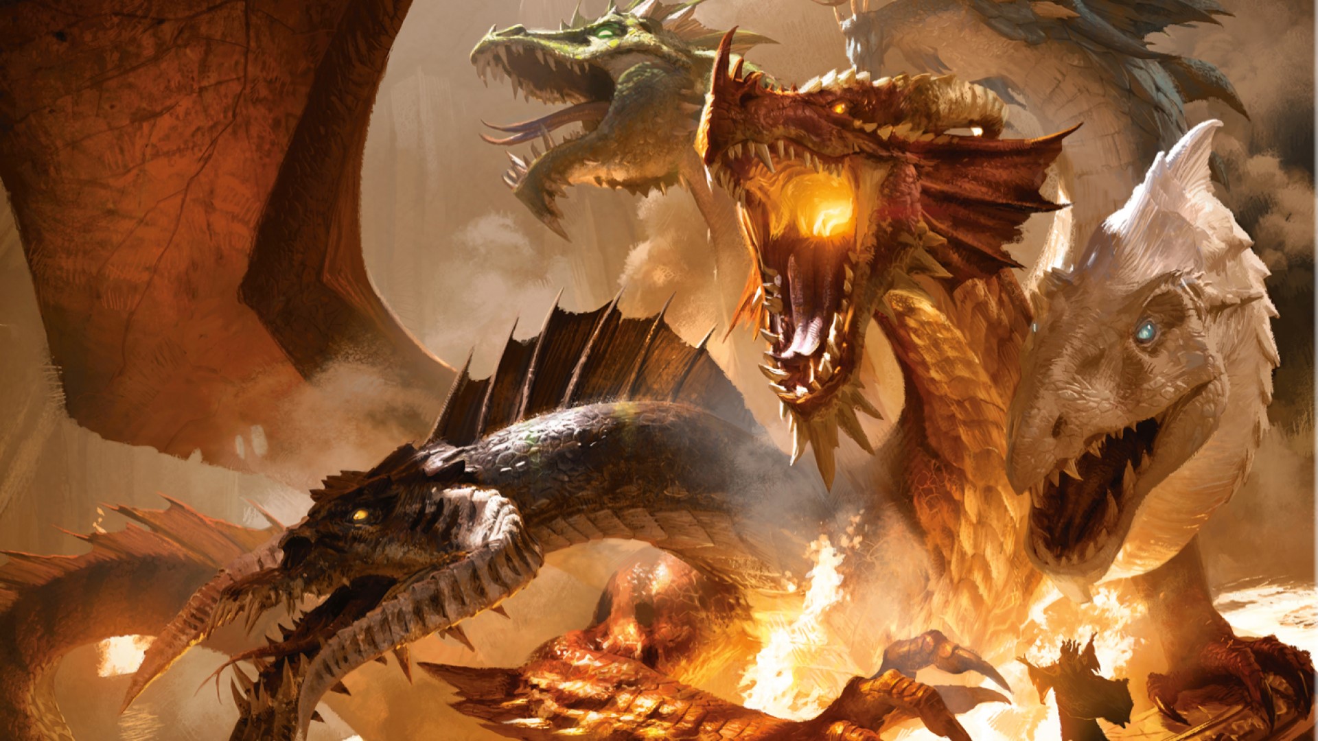Best tabletop RPGs - dungeons and dragons artwork showing several huge dragons of different breeds breathing fire