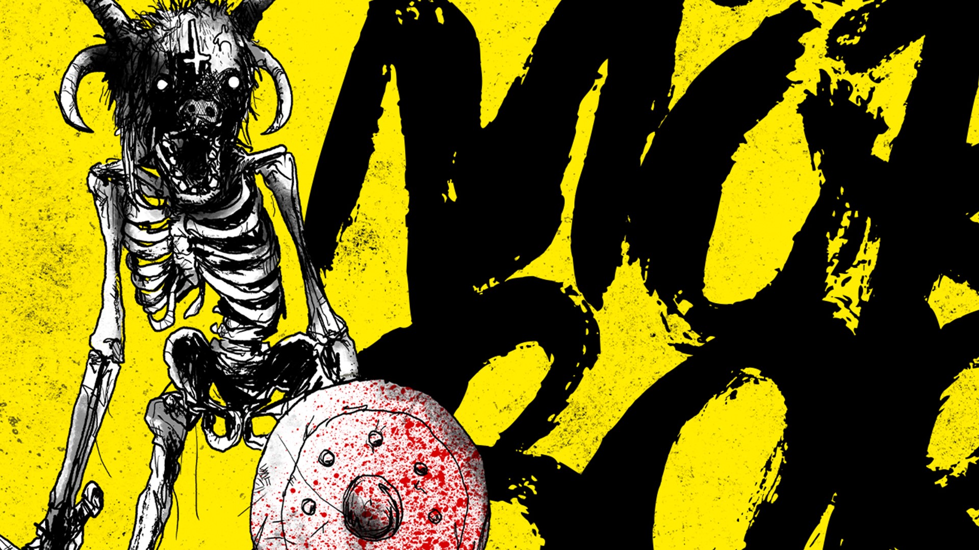 Best tabletop RPGs - Mörk Borg artwork in stark black and yellow showing a skeleton warrior