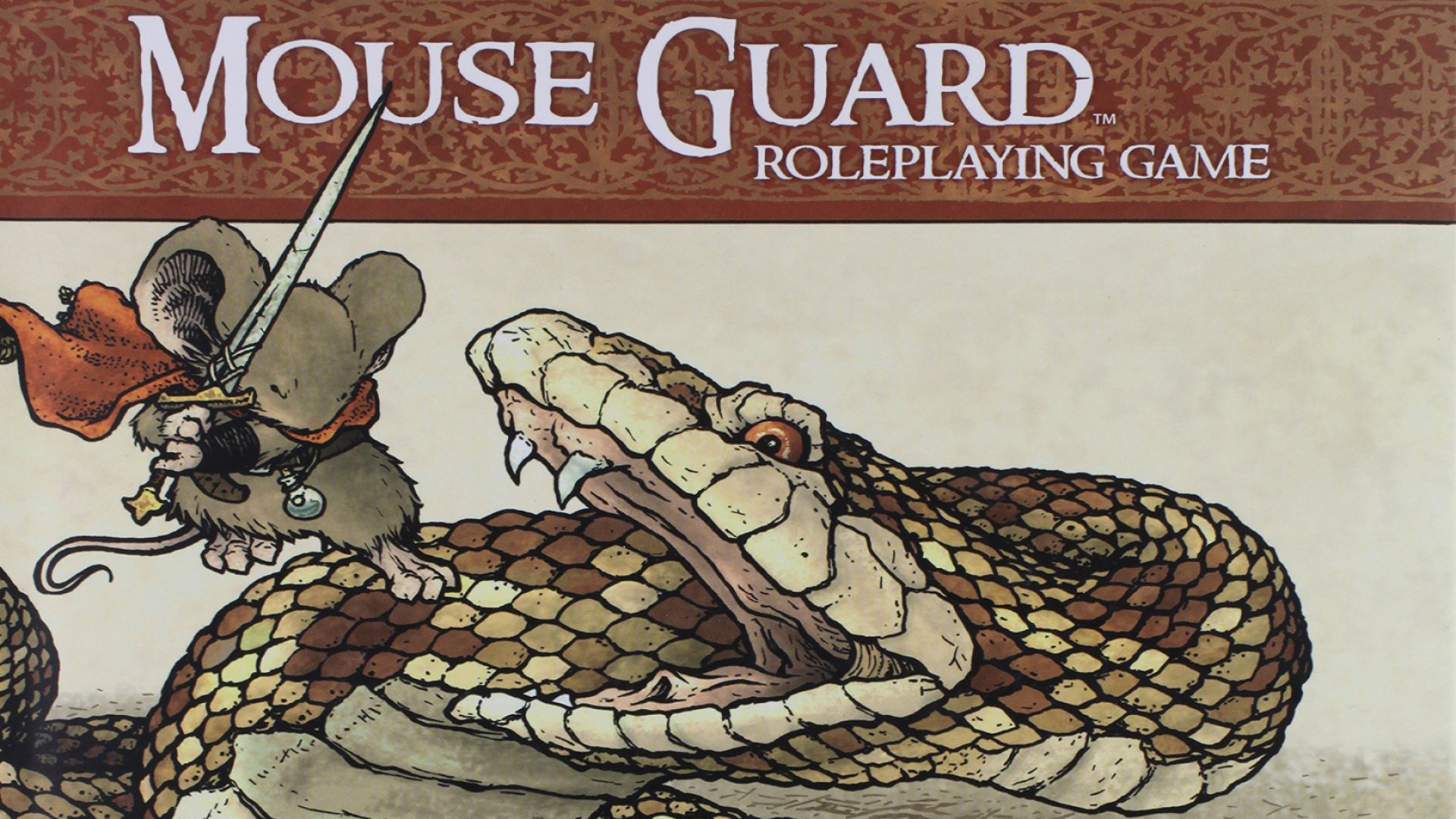 Best tabletop RPGs - Mouse Guard artwork showing a Mouse Guard with a sword fighting a giant snake
