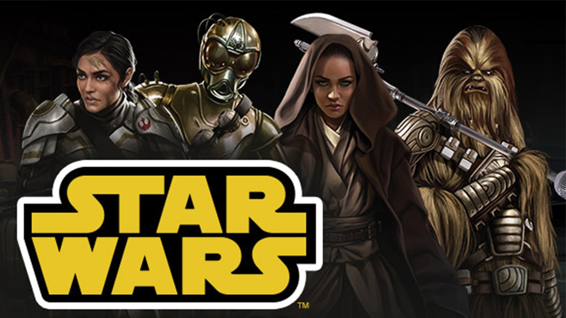 Best tabletop RPGS - Star Wars roleplaying game artwork showing the Star Wars logo and characters including a droid and a wookiee