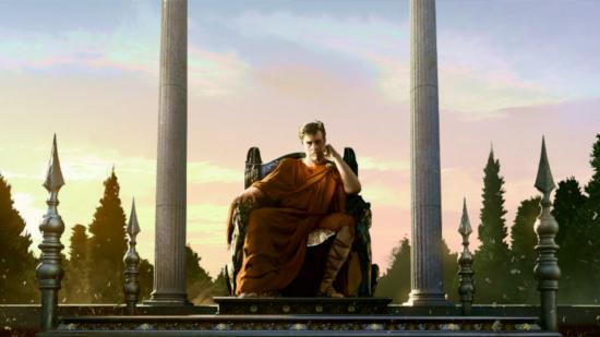 Roman emperor sitting on a throne in Imperator Rome 2.0 Marius update review against a still sky