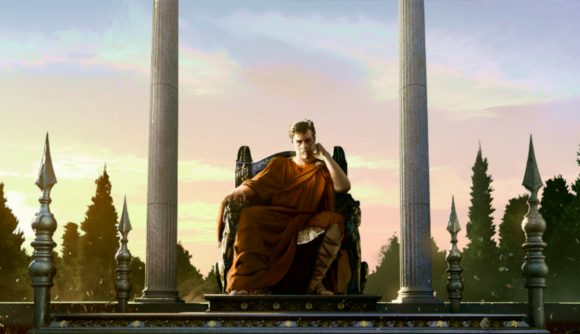 Roman emperor sitting on a throne in Imperator Rome 2.0 Marius update review against a still sky