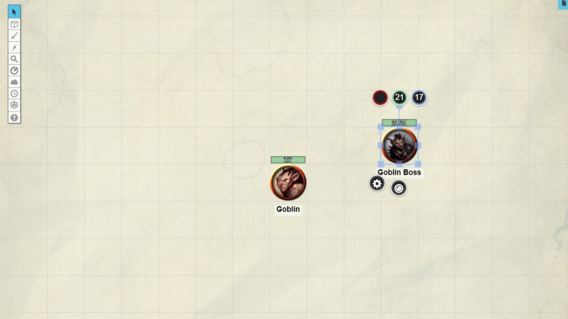 Roll20 and the rest guide map screenshot showing character and creature tokens, HP markers and the toolbar