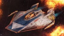 An A-wing starfighter from Star Wars X-wing Phoenix Squadron flying past explosions against the backdrop of space
