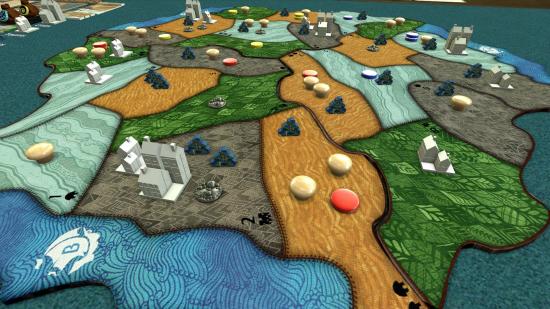 Token and miniature buildings arranged on a board in Tabletop Simulator game Spirit Island, with the island split into provinces