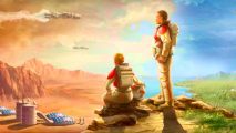 A pair of astronauts looking out on the wasteland of mars in Terraforming Mars: Ares Expedition cover art