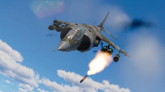 A War Thunder jet plane diving downwards while firing a missile