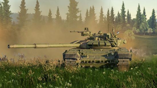 A War Thunder tank driving across a field, smoking rising behind it, with its main cannon aimed