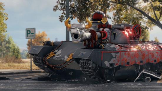 A tank from World of Tanks Lunar New Year update with lots of trinkets and a metal bull's head on its main cannon