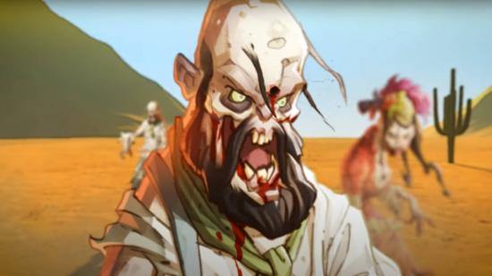 A zombie with a bullet wound in its forehead from the trailer for zombicide undead or alive