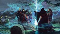 Men in cloaks standing around a cauldron in Arkham Horror Card Game