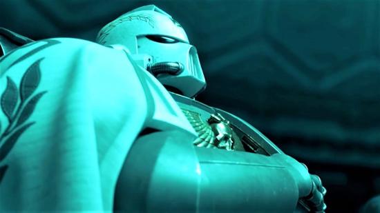 A screenshot from the Astartes animated Warhammer 40,000 short film featuring a retributor space marine in a cloak
