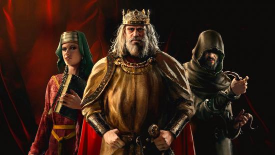 An aged King from Crusader Kings 3 standing next to a hooded figures and women, in front of red curtains