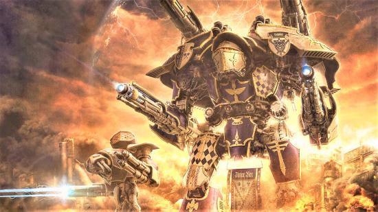 Warhammer artwork showing battle titans in the Horus Heresy era