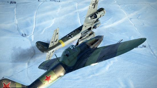 Two fighter planes in IL-2 Sturmovik engaged in combat mid-air
