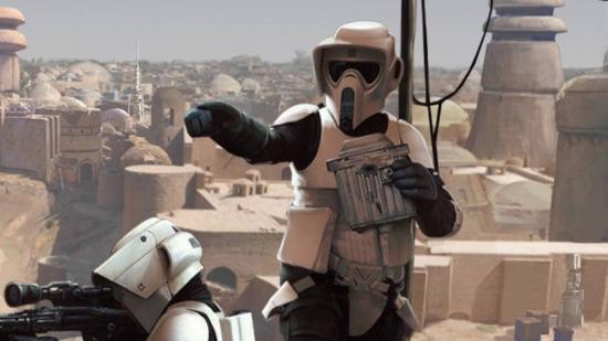 Two Imperial Scout Troopers from Star Wars: Legions expansions, clad in white armour, overlooking a desert settlement holding sniper rifles