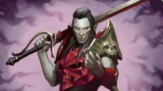 Soulblight lord from Warhammer Underworlds holding a sword against a purple background