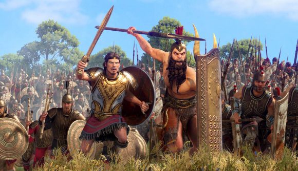 Two Greek legendary heroes from one of the best Total War games, Troy, bearing weapons and charging towards the enemy on the field