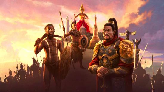 Southeast Asian, North American, and Aboriginal Australian leaders from Europa Universalis 4 standing proud in front of a glorious sunset