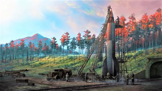 A digital artwork from hearts of iron 5 showing a WW2 rocket being assembled ready to fire