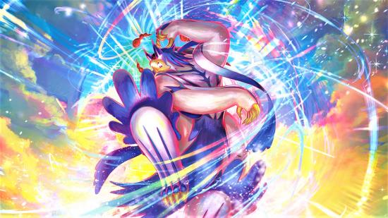 A graphic artwork from the Pokemon TCG showing a giant, evolved pokemon in shimmering lights