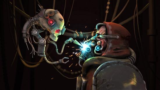 Key art for Warhammer 40k Mechanicus showing a techpriest being given an eye augmentation by a servo skull servitor
