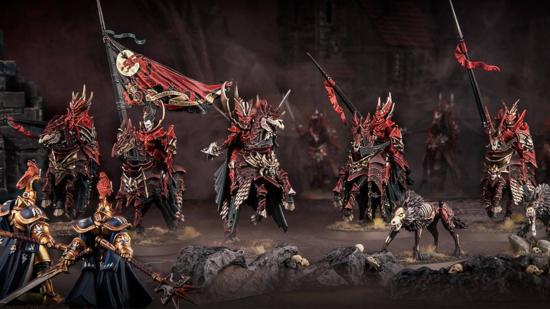 A line of Soulblight Gravelords Blood Knight cavalry charging towards a unit of Stormcast Eternals