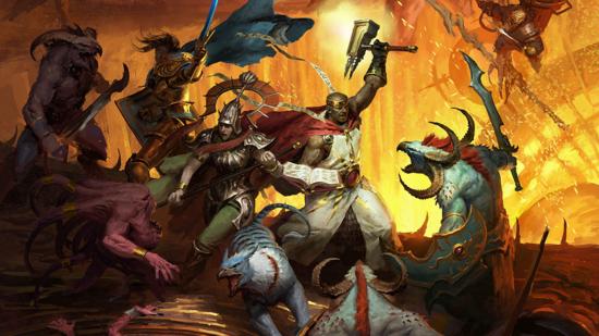 Warhammer warriors fighting the daemons of Tzeentch in the Age of Sigmar: Soulbound Stater Set cover artwork