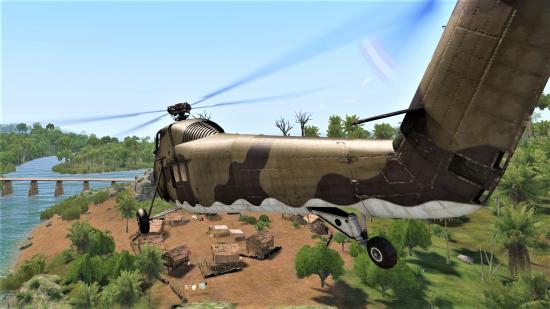 Screenshot from Arma 3 Creator DLC SOG Prairie Fire showing a helicopter flying over a Vietnam village