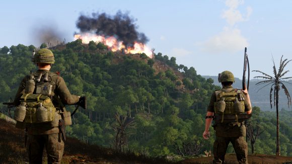 screenshot from Arma 3 Creator DLC S.O.G. Prairie Fire showing napalm exploding on a jungle covered hilltop