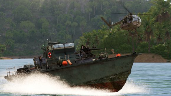 screenshot from Arma 3 Creator DLC S.O.G. Prairie Fire showing a speedboat and a helicopter flying next to it