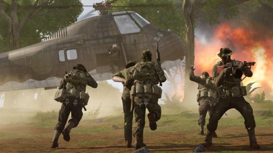 screenshot from Arma 3 Creator DLC S.O.G. Prairie Fire showing a team running towards a helicopter ready for evac