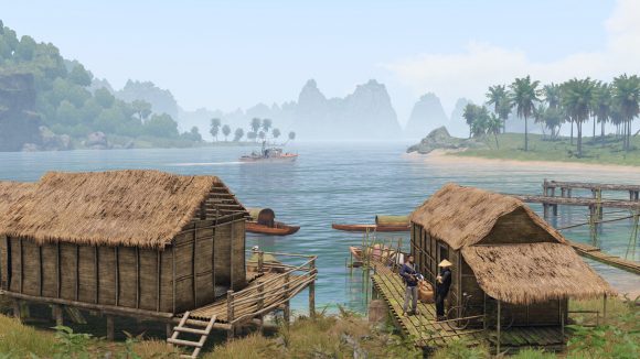 screenshot from Arma 3 Creator DLC S.O.G. Prairie Fire showing Vietnamese scenery, a lake, coastal rock formations, and small lakeside huts