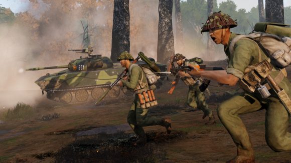 screenshot from Arma 3 Creator DLC S.O.G. Prairie Fire showing vietnamese troops and a tank charging into a fight in a wooded area