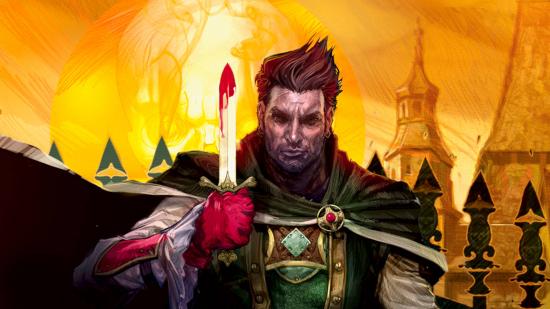Best dungeons and dragons board games a medieval adventurer from Betrayal at Baldur's Gate, holding a bloodied knife parallel to his face, while staring forward