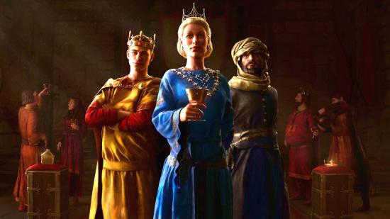 A queen, prince, and courtier from Crusader Kings 3 DLC Royal Court stand in a dark throne room surrounded by others milling around
