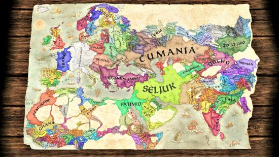 Crusader Kings 3 screenshot showing the coloured nations on a parchment map