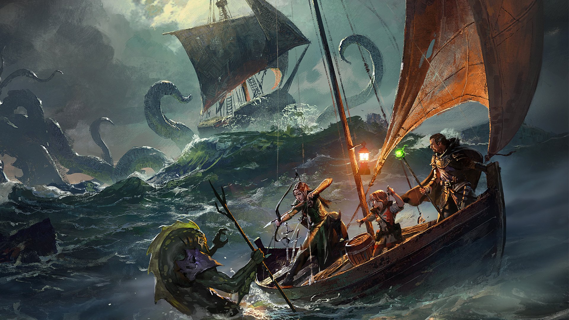 DnD Cleric 5E - Wizards of the Coast artwork showing a ship at sea, attacked by a tentacled monster