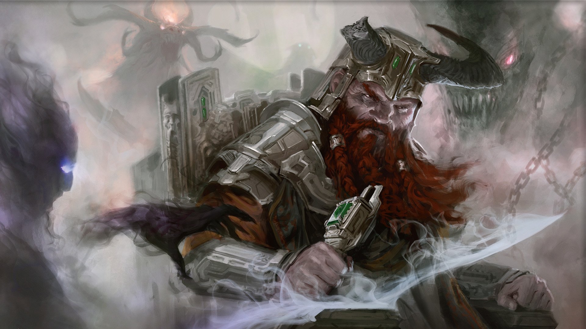 DnD Cleric 5E - Wizards of the Coast artwork showing a dwarf in a horned helmet, among a lot of grey smoke