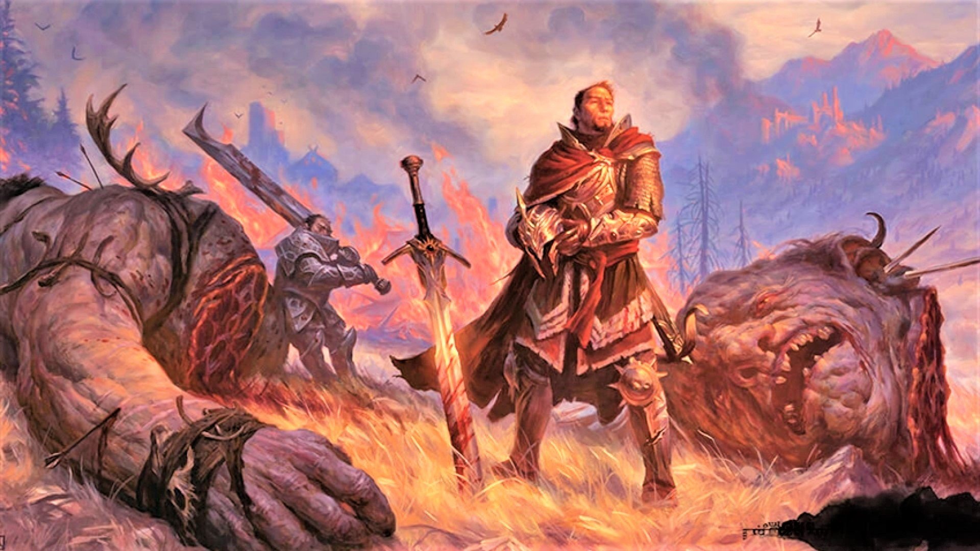 DnD Cleric 5E - Wizards of the Coast artwork showing a human character in heavy armour, with a greatsword, and a dead giant