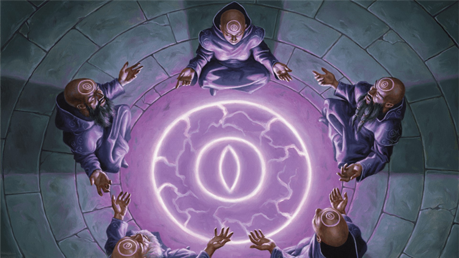 DnD Cleric 5E - Wizards of the Coast artwork showing several bald mages conducting a magical ritual, with a glowing blue sigil on the ground between them