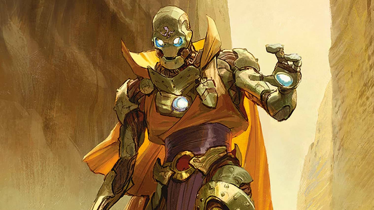 DnD character builds 5e - Wizards of the Coast artwork showing a D&D Warforged robot wearing a cape