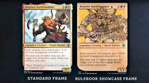 Snapshot from Wizards of the Coast's Legend of Drizzt livestream showing the standard and showcase editions for Bruenor Battlehammer's Magic The Gathering card